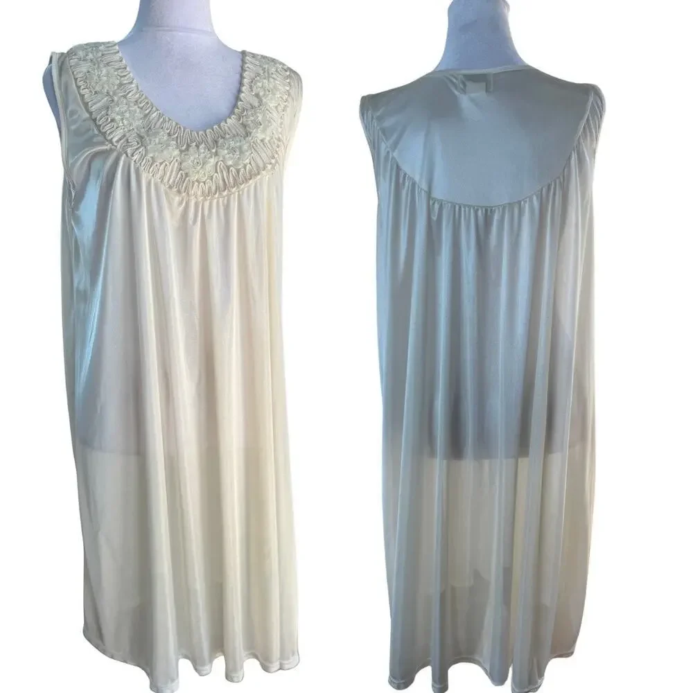 Lati Ivory Sleeveless Nightgown Floral Appliqué Ruched Yoke Sheer Gown Lingerie